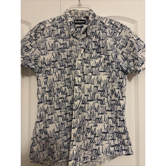 Barbour Men's White & Navy Boat Print Tailored Fit Shirt Size Small - Picture 2 of 5
